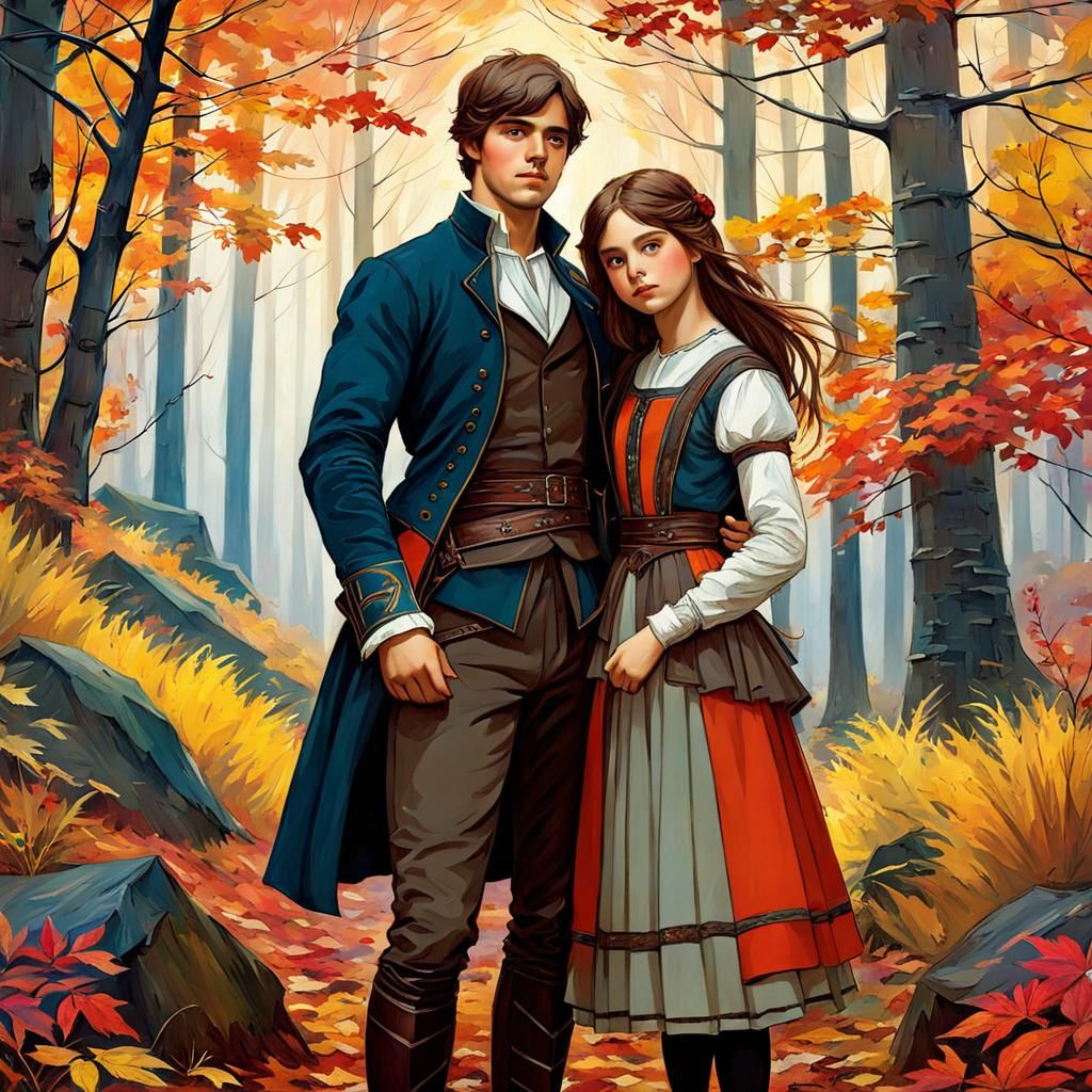 Fairytale Siblings in Autumn Forest, Anime Style