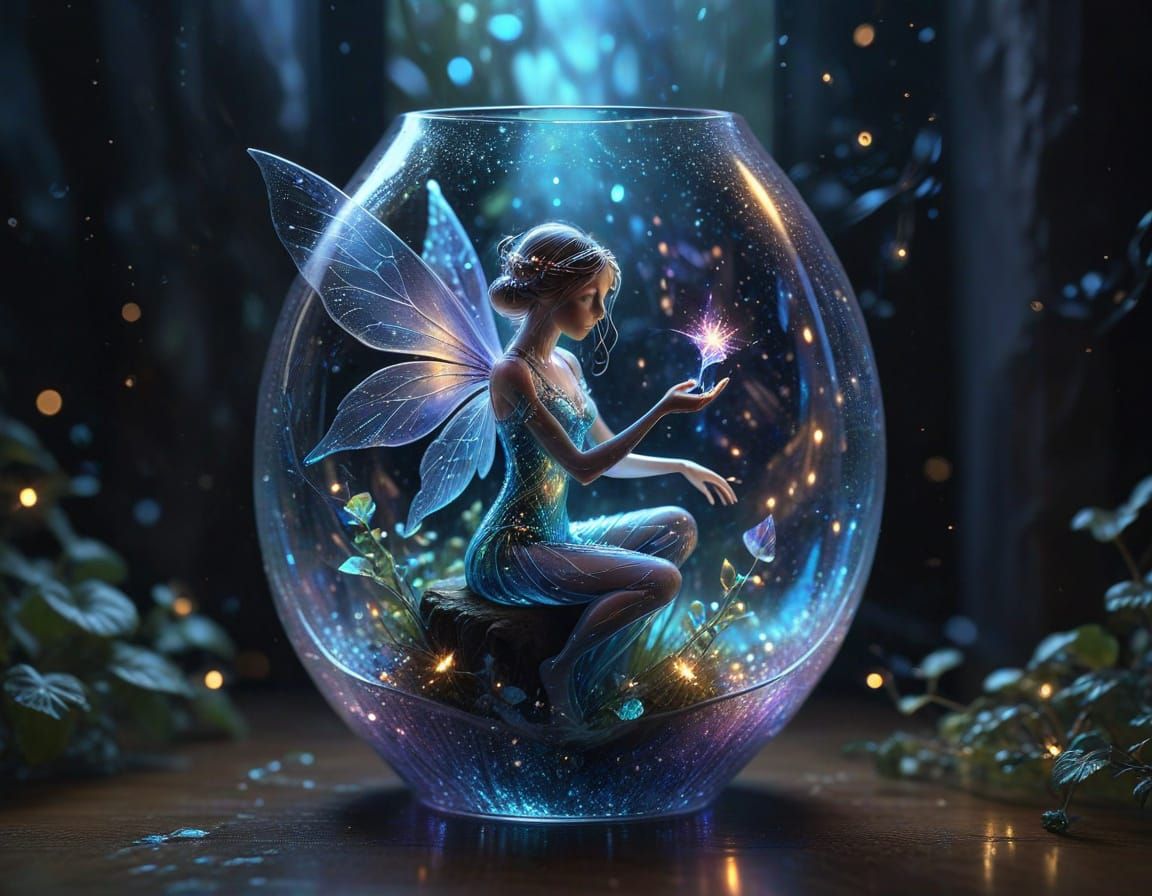 Ethereal Fairy Trapped in Crystal Vase with Magical Sparkles