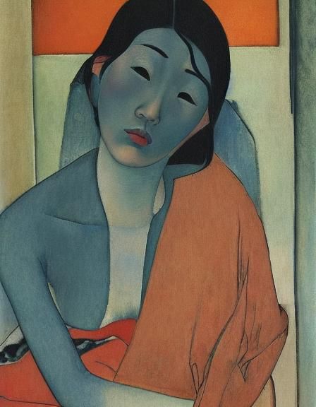Reclining Asian Woman with Red Eyes in Sepia Wash