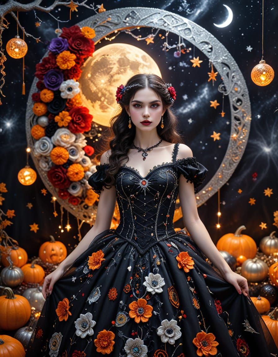 Vampire in Klimt-Inspired Crochet Costume with Cosmic Lighti...