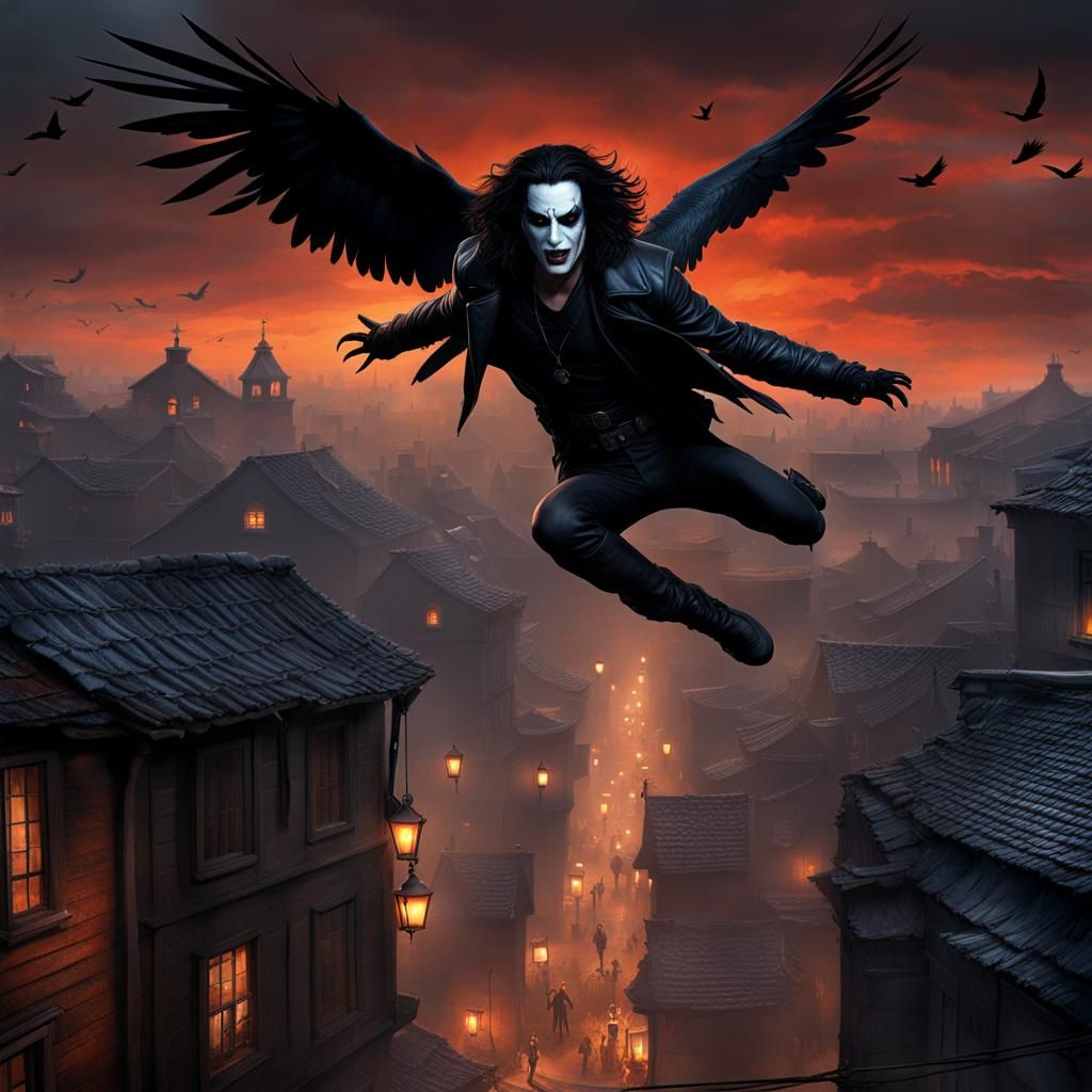 Cinematic Rooftop Leap with Crow in Digital Matte Painting