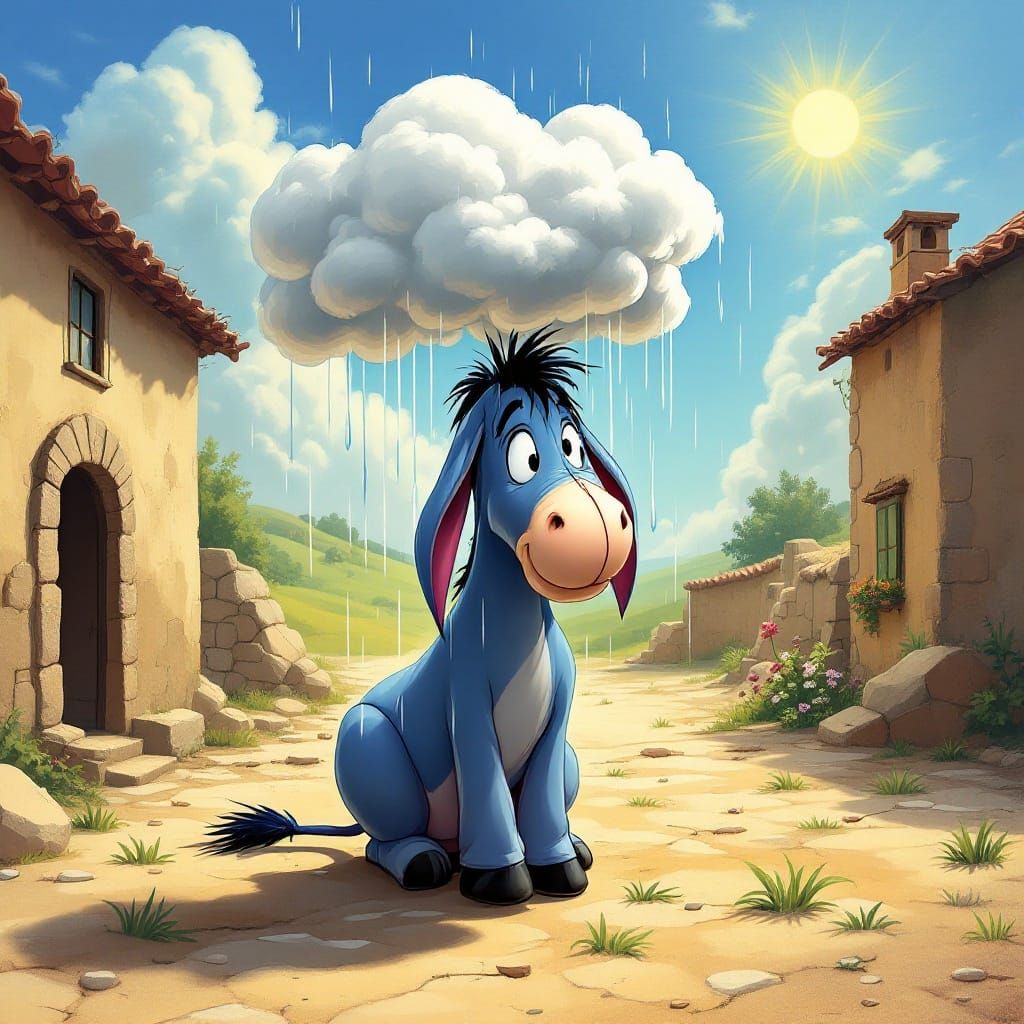Surrealistic Eeyore in Sunny Landscape