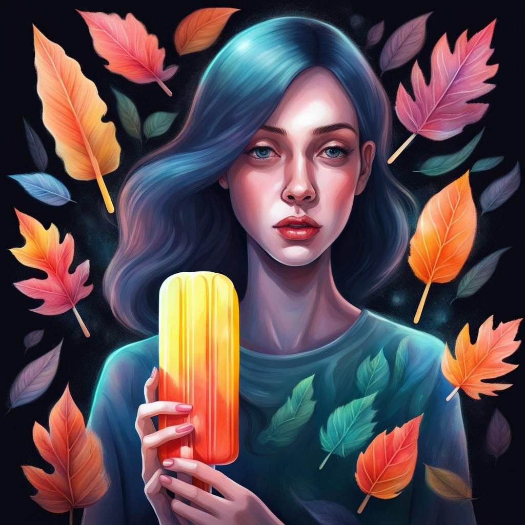 Woman with Leaf Popsicle in Psychedelic Color Pencil