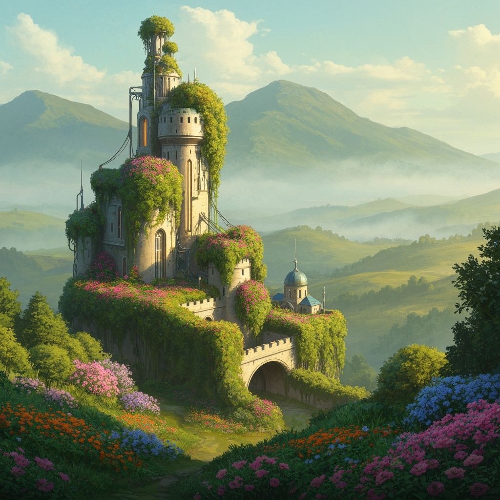 Lush Solarpunk Castle Amidst Misty Mountains