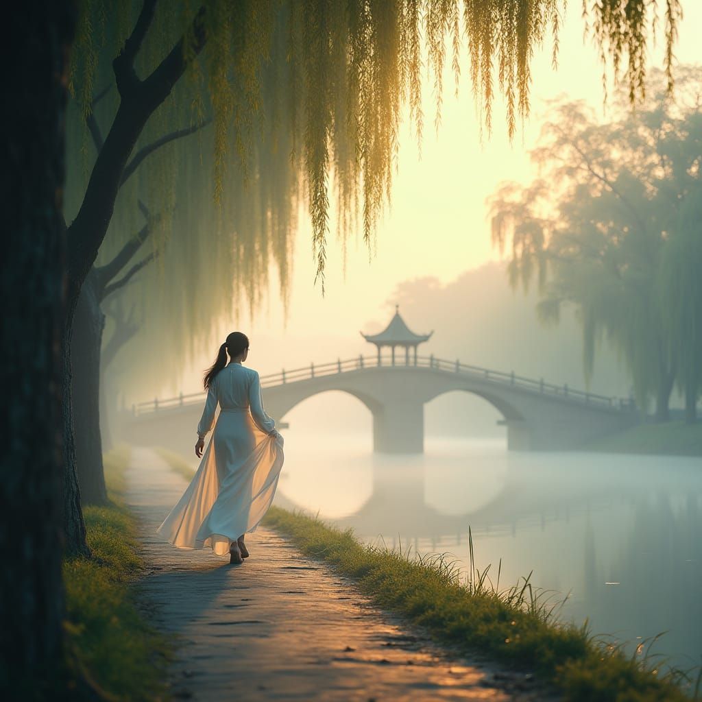 Woman in Ao Dai Walks Through Misty Hue Morning