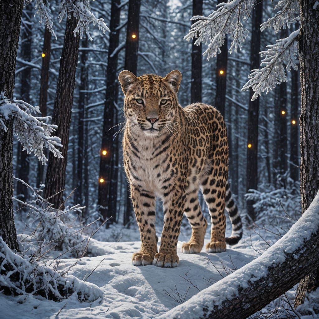 Leopard in Moonlit Winter Forest: Glistening Sable Fur