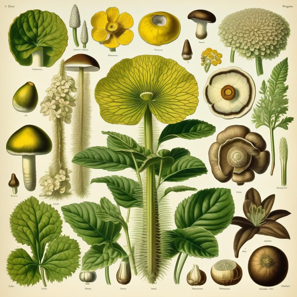 Botanical illustration showing a variety of plant species  a...