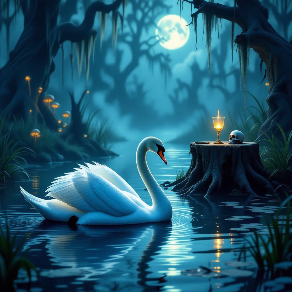 Majestic Swan in Misty Swamp, Dark Fantasy Art