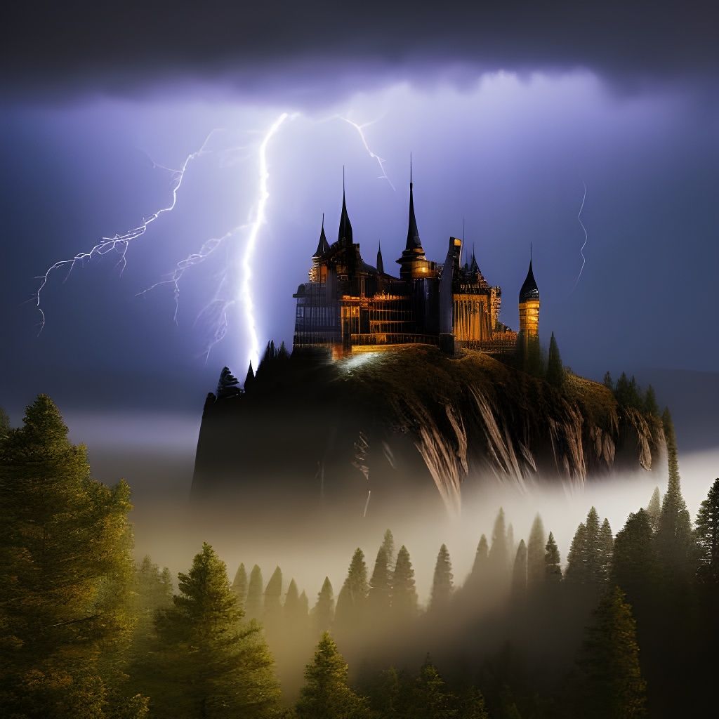 Gothic Castle Amidst Thunderstorm, Detailed Concept Art