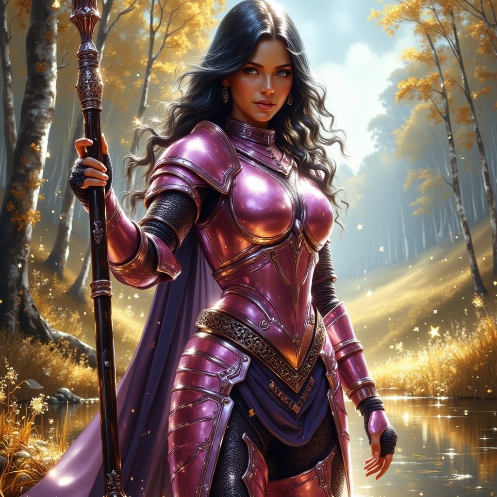 Pink and Purple Armored Warrior Woman in Forest