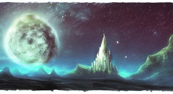 Floating Wizard Tower Under Galactic Rim in Ethereal Fantasy...