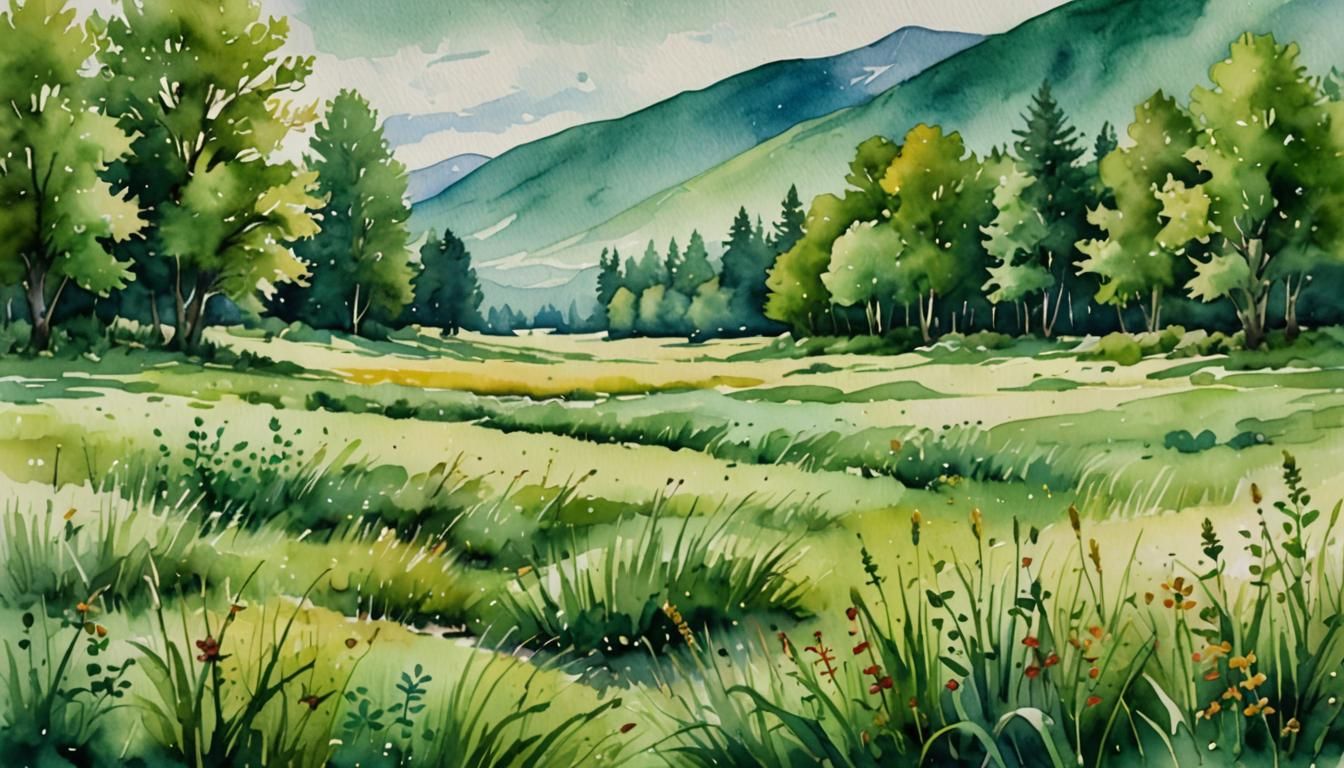 Watercolor Meadow Showcasing Green Tones and Shades