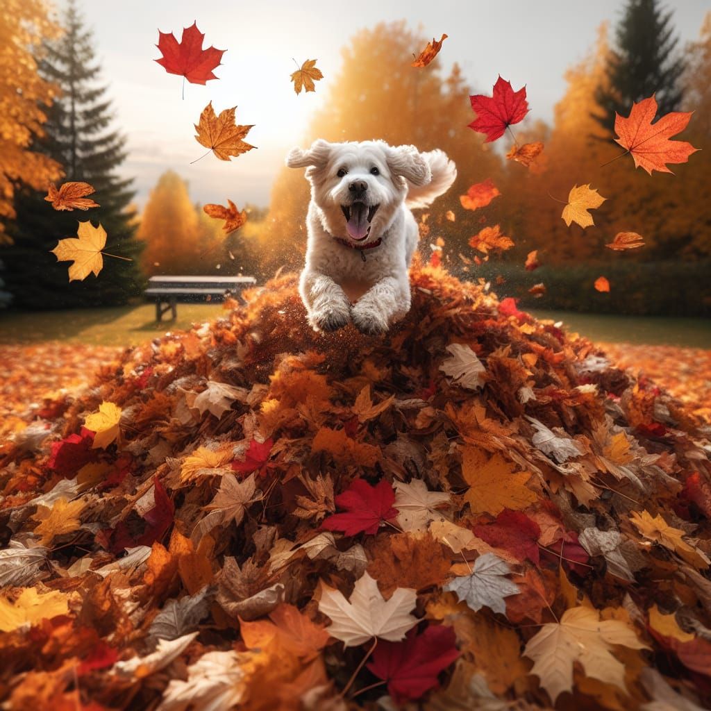 Dog's Joyful Dive into Autumn Leaves