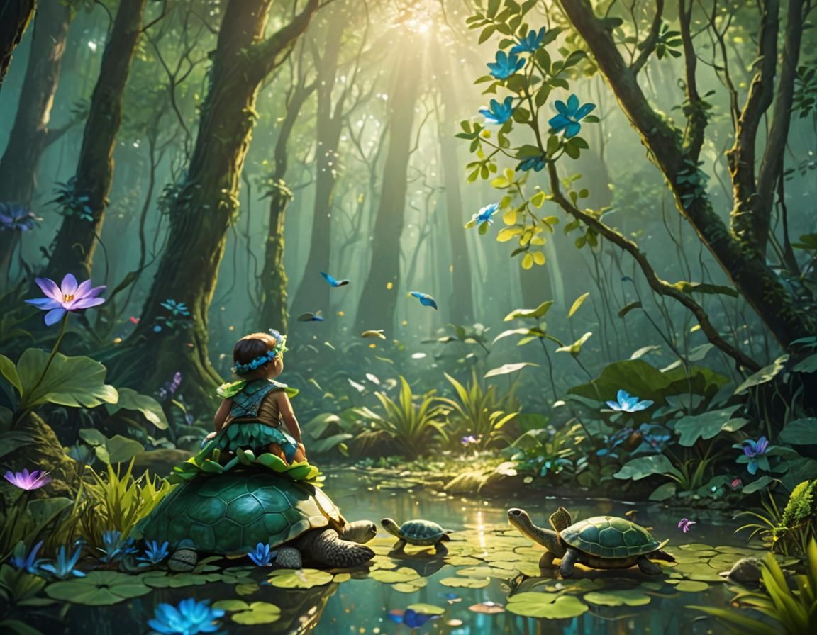 Baby and Turtles in Dreamlike Forest