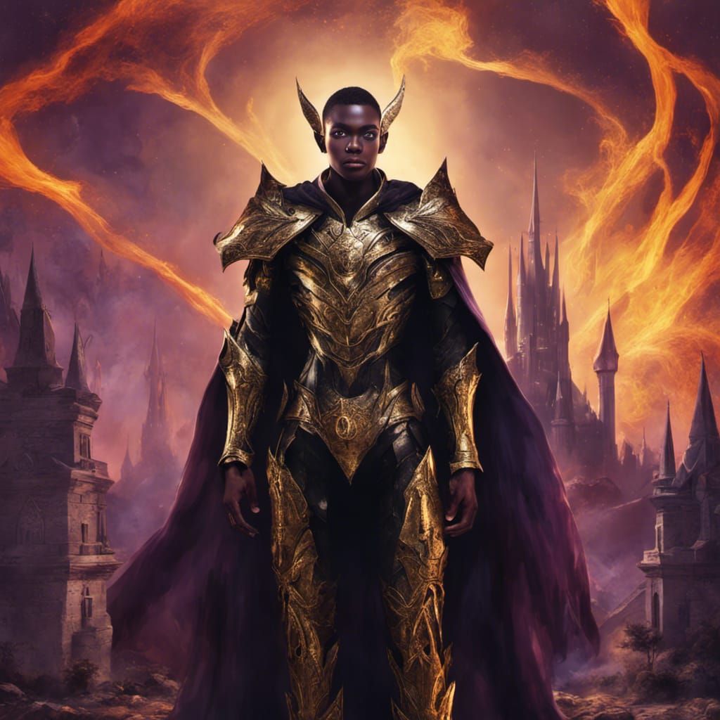 Black Elf in Sci-Fi Armor with Burning Castle