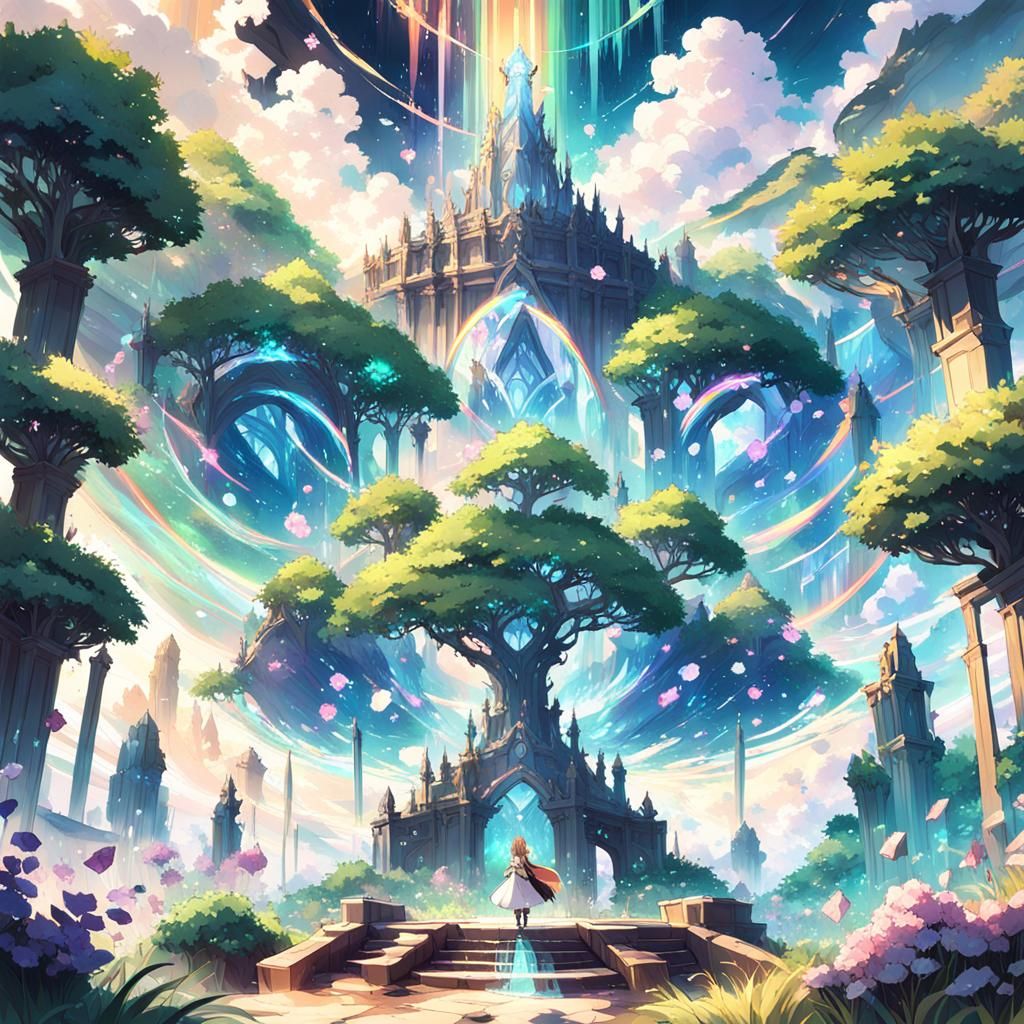 Ethereal Anime Girl in Vibrant Gemstone Paradise