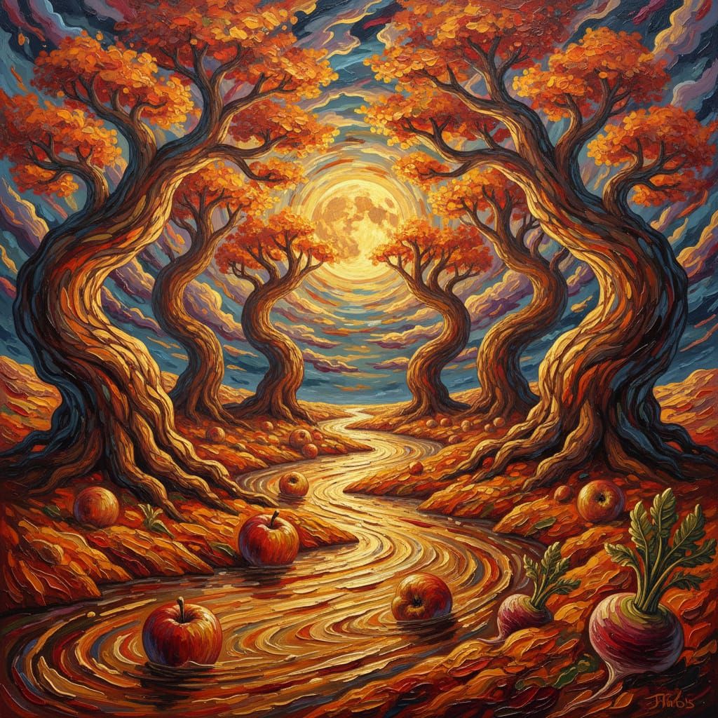Surreal Autumn Trees Holding Moon Over Golden River