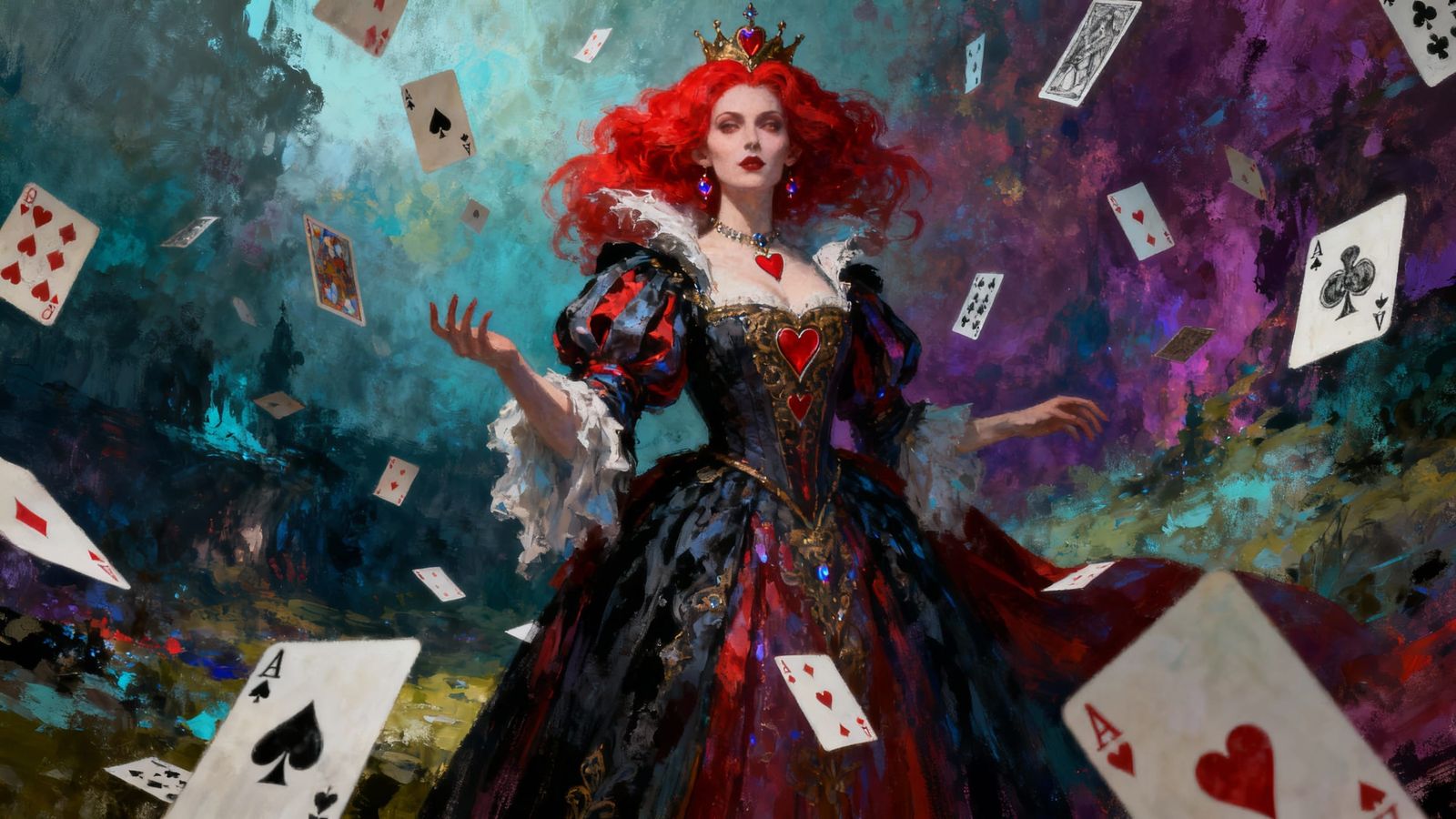 Villainous Queen of Hearts Amidst Falling Cards