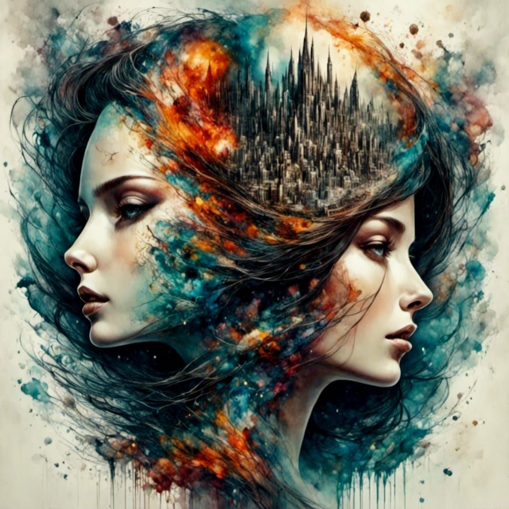 Cosmic Double Exposure Ink Art of Brunette Woman