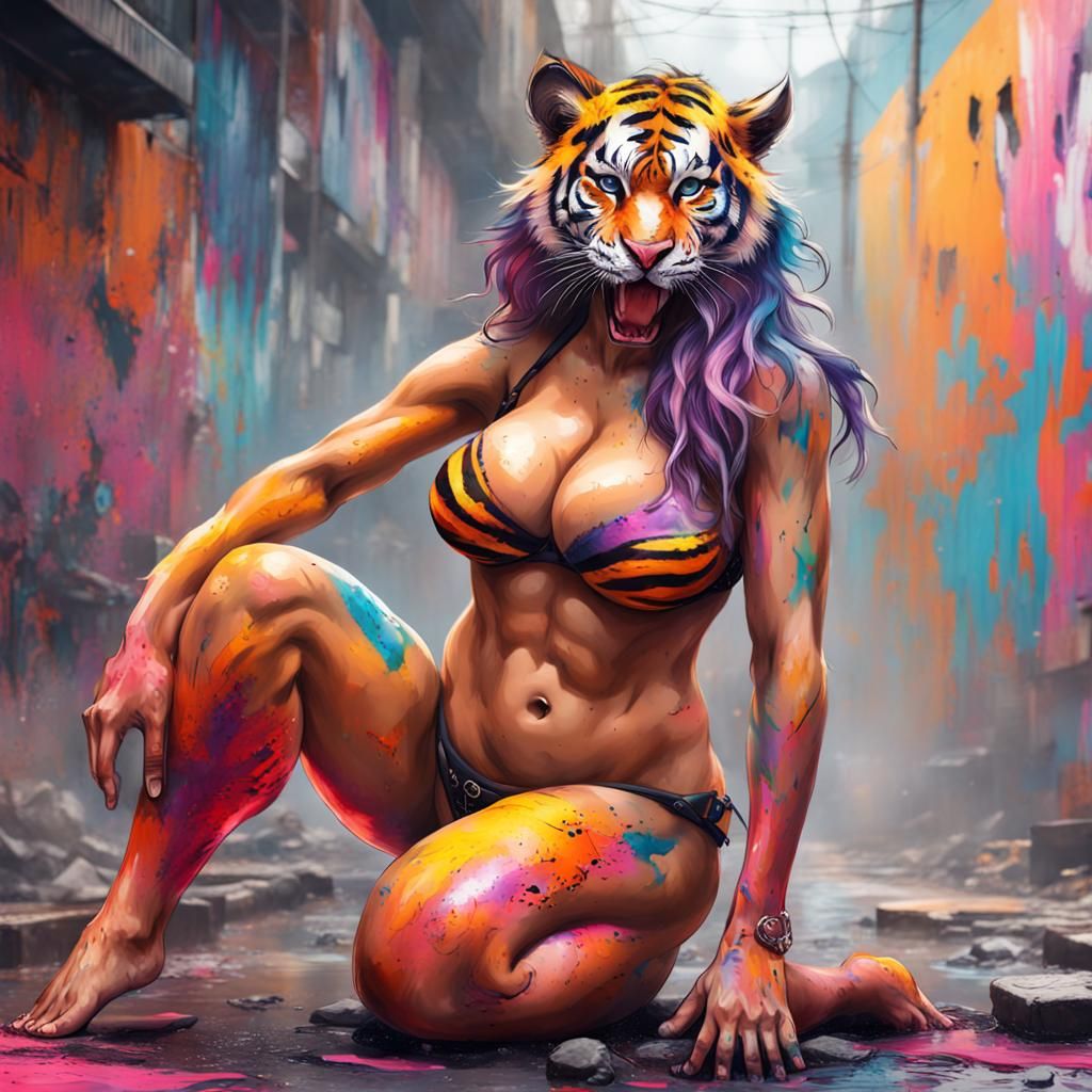 Colorful Tiger Woman Graffiti Art in 8K