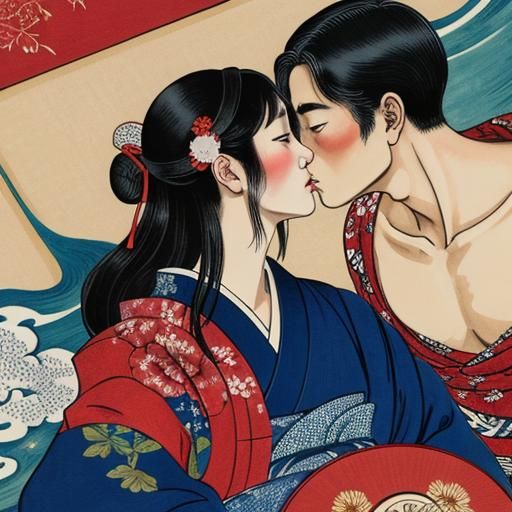 Romantic Kiss in Ukiyo-e Style Woodblock Print