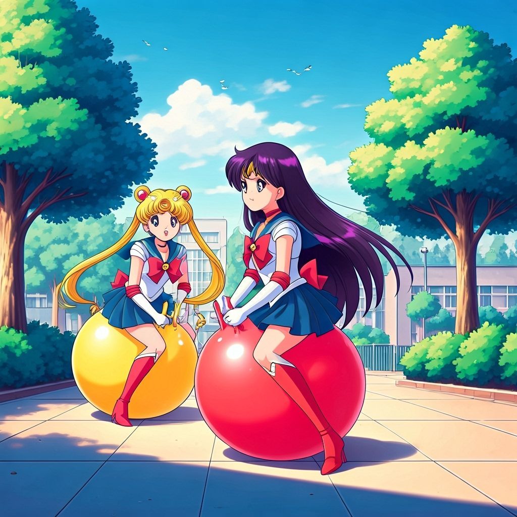Sailor Moon and Mars on Hopper Balls in Anime Style