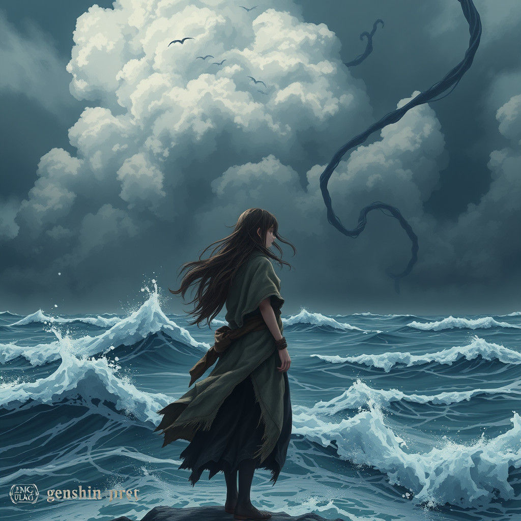 Anime Woman Confronts Stormy Sea