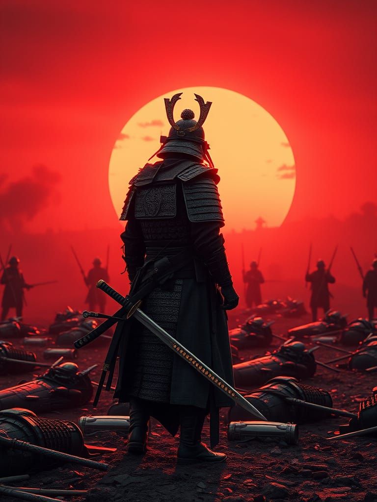 Epic Samurai Warrior Stands Resolute Against Crimson Sunset