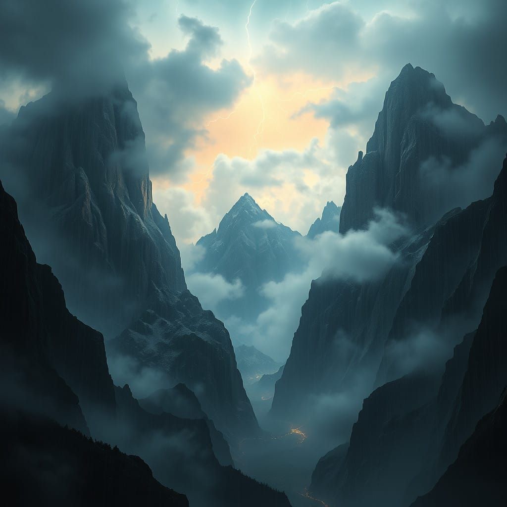 Majestic Dark Fantasy Mountain Range in Rainy Season