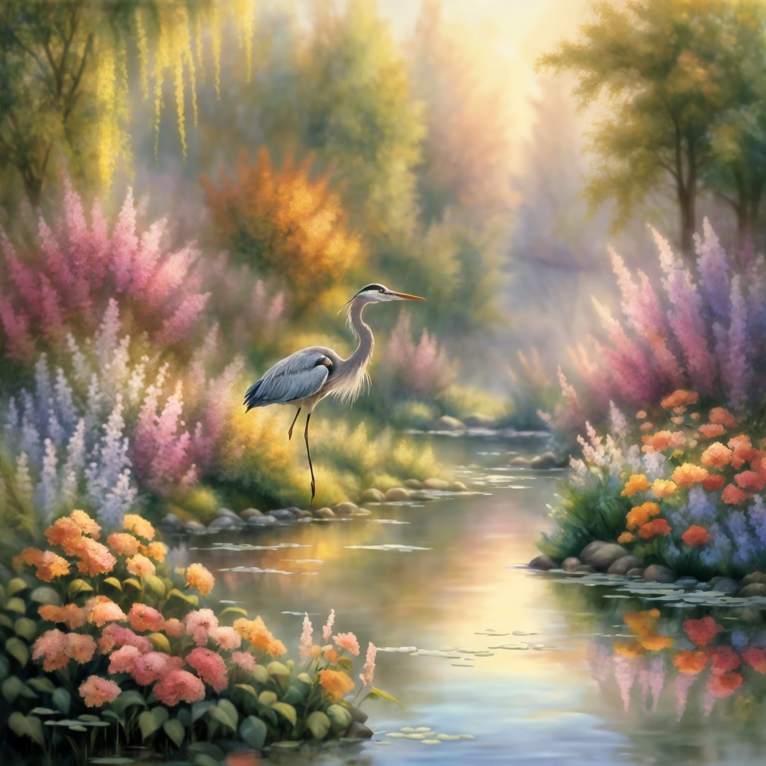 Heron Reflected in Sunlit Impressionistic River Garden