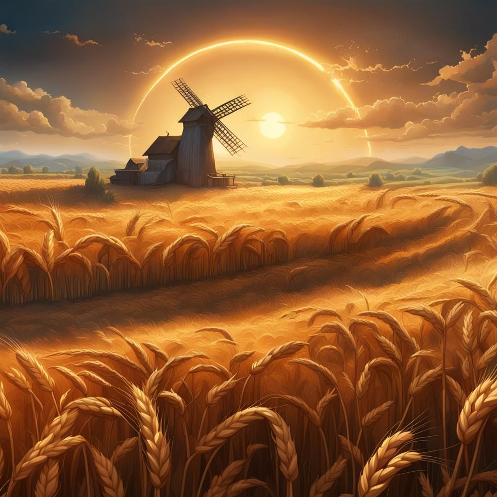 Wheat Field with Reaper and Sun in Matte Painting Style
