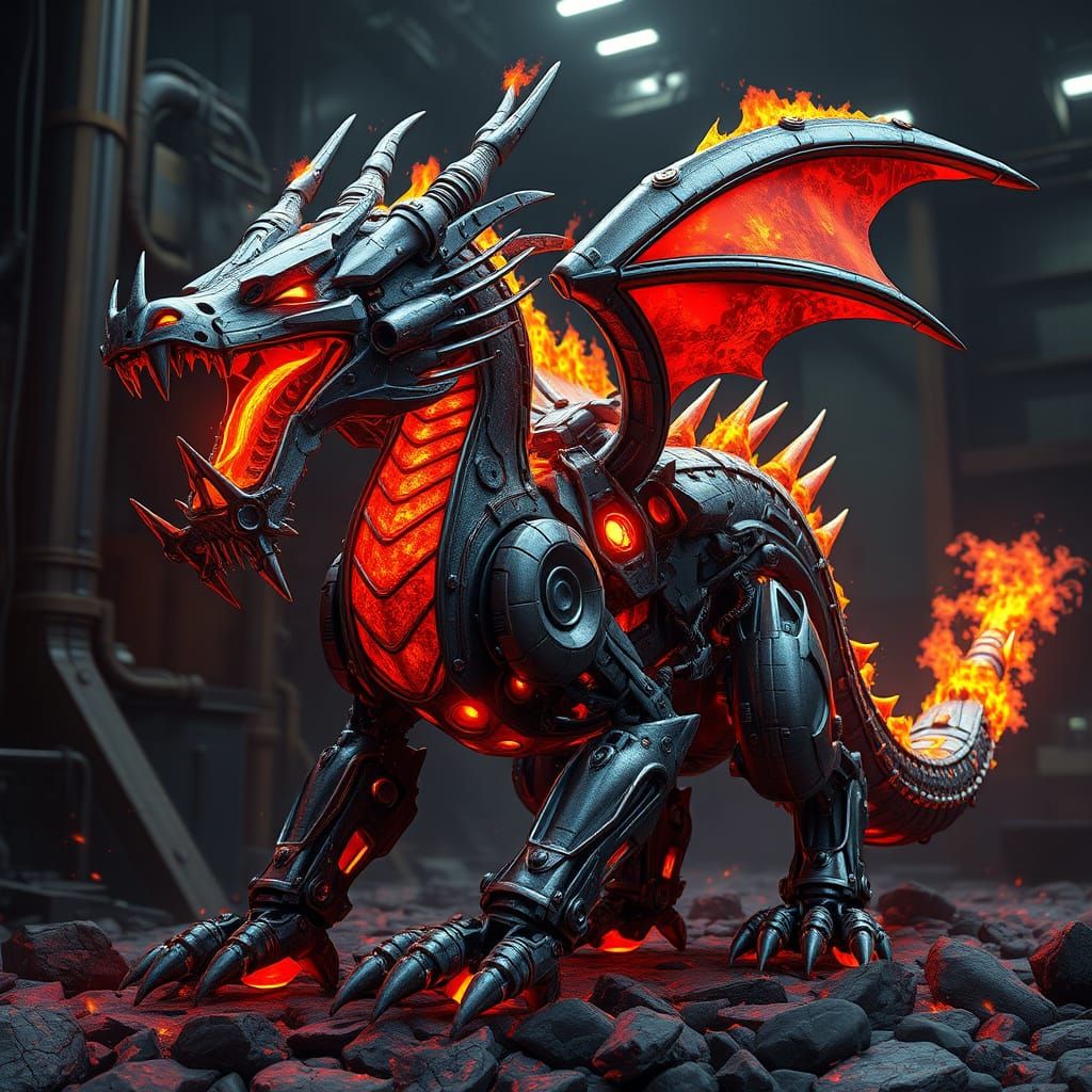 Cyberpunk Dragon Robot Ignites Industrial Backdrop