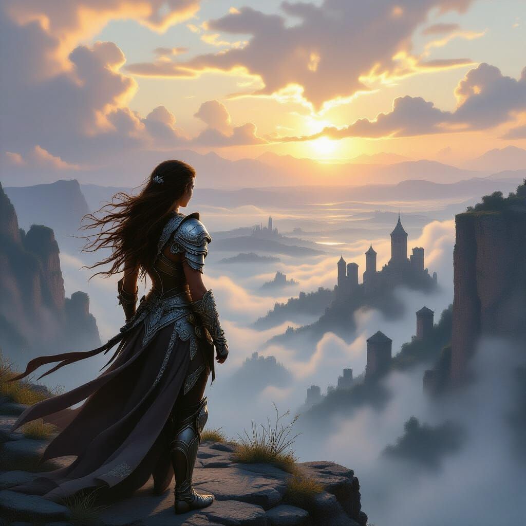 Warrior Woman on Cliff Overlooking Misty Valley at Dawn