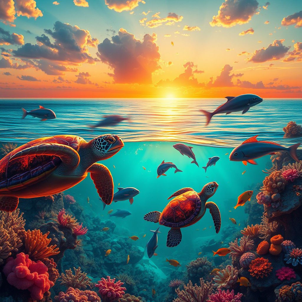 Iridescent Sea Life at Sunset: Digital Matte Painting