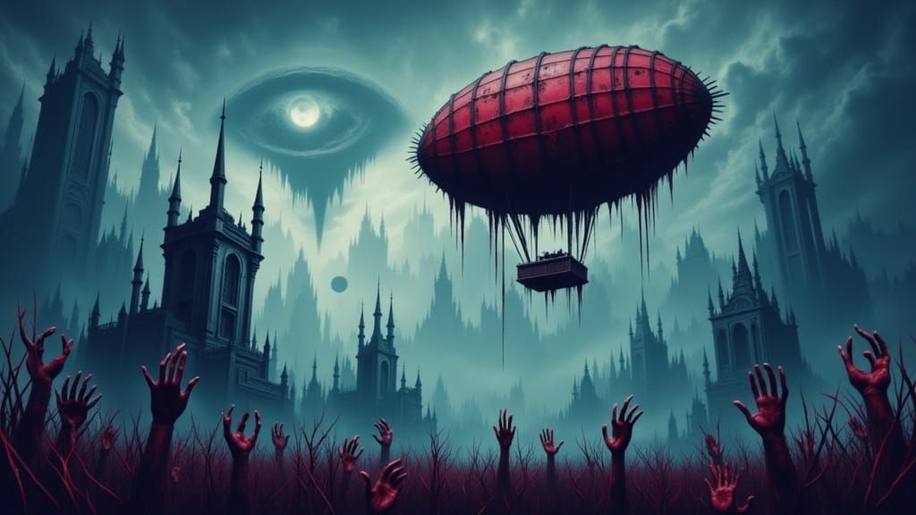 Anime Zeppelin Over Cheerful Monsters in Macabre Style
