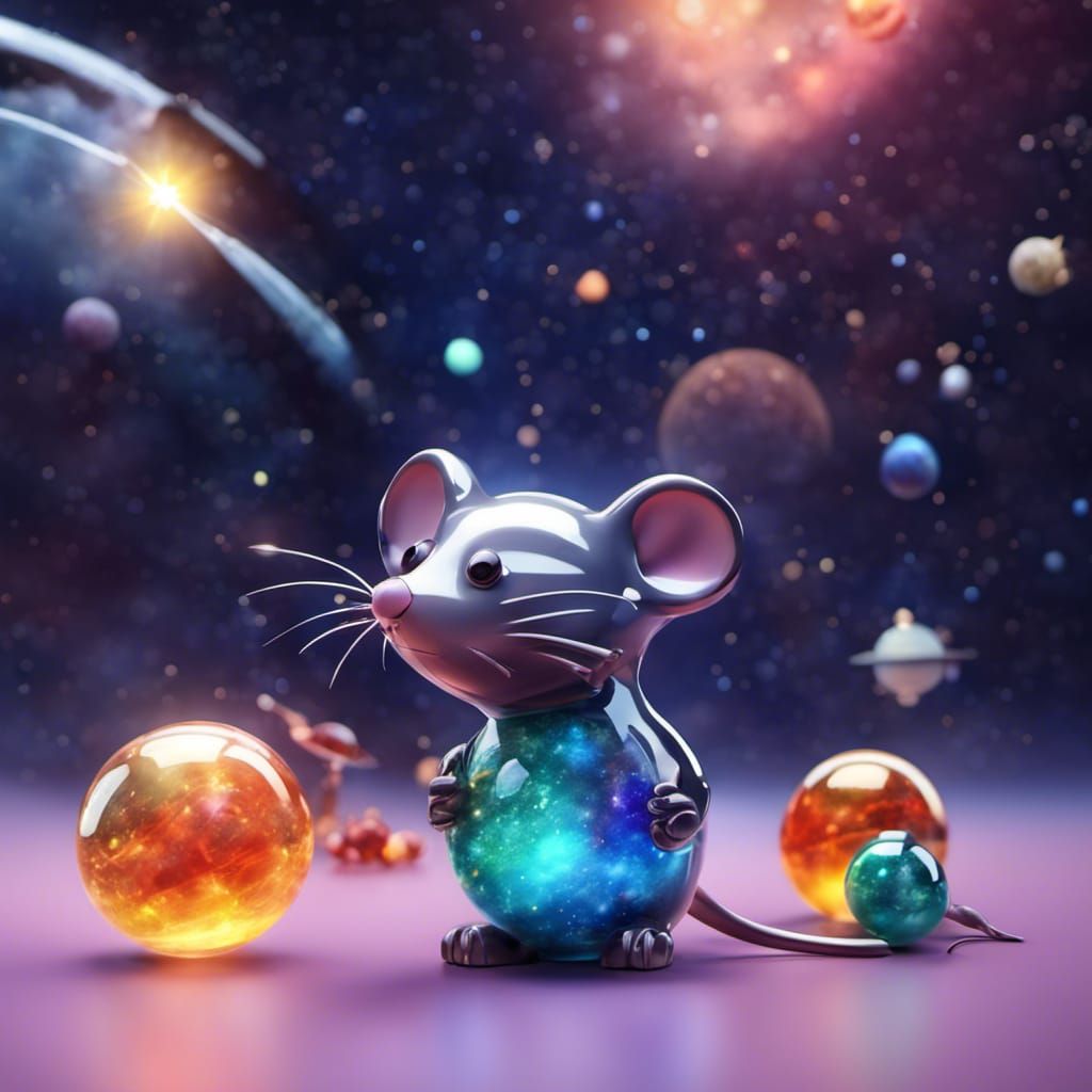 Blown Glass Mouse in Colorful Space Scene