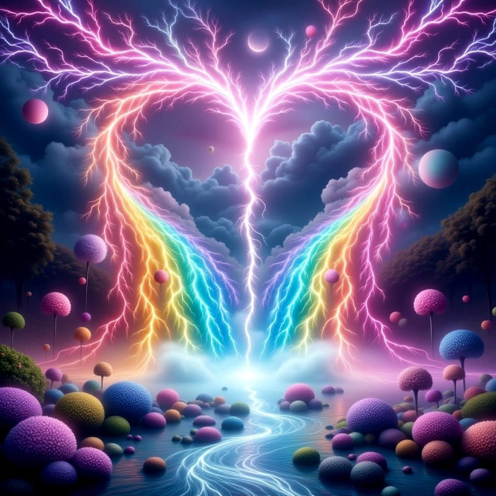 Heart-Shaped Lightning over Rainbow Waterfall