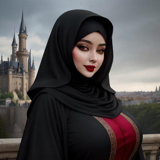 Elegant Woman in Hijab with Castle Backdrop