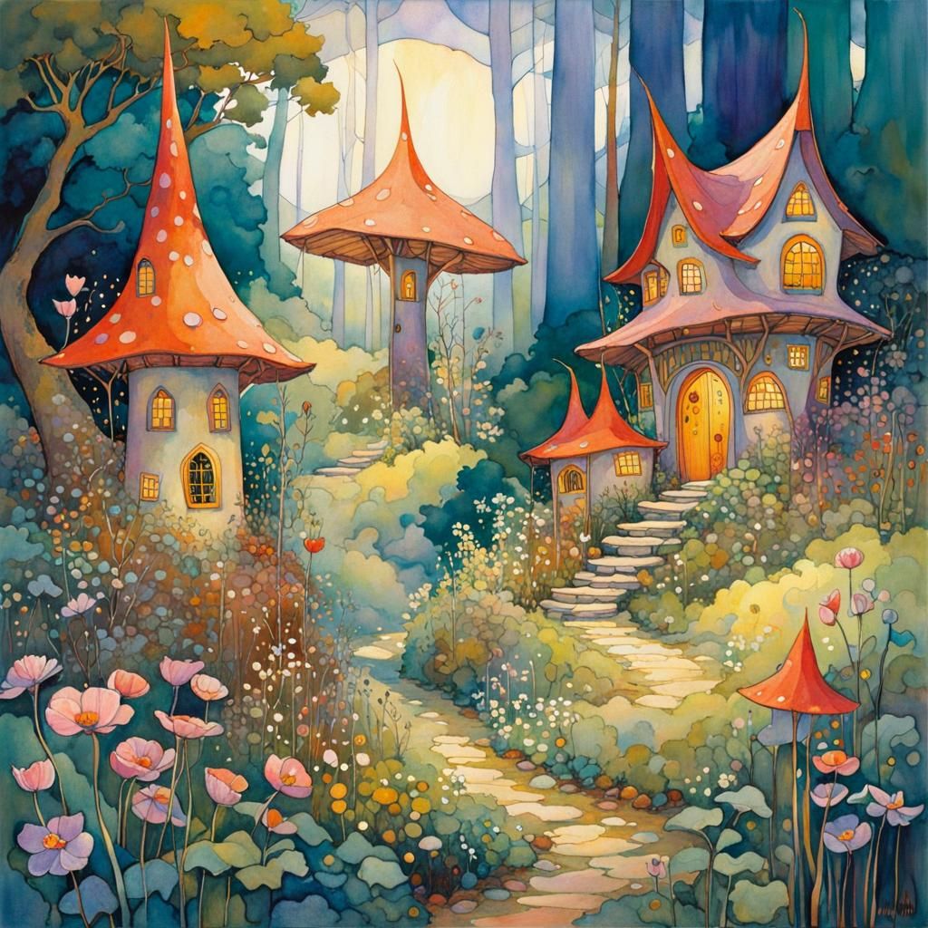 Whimsical Fairy Village Illustration in Watercolor and Oil