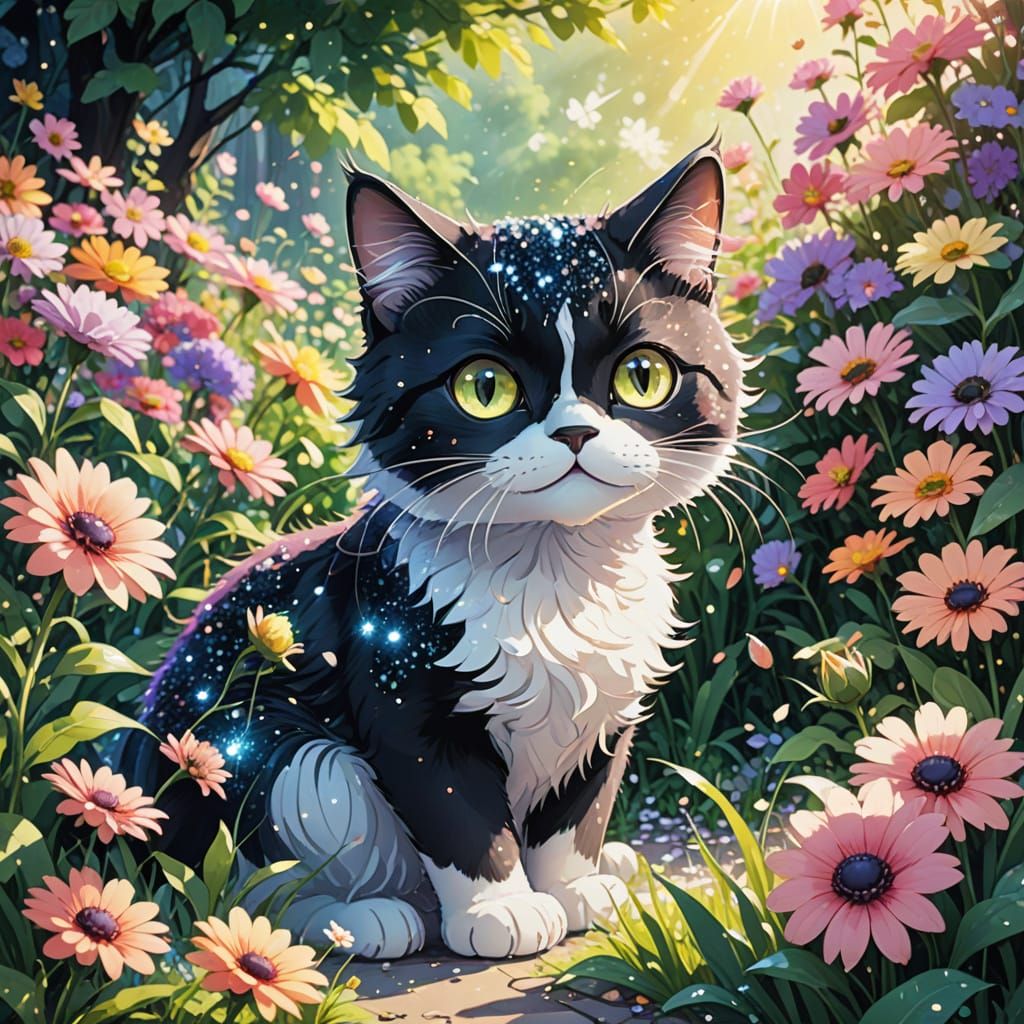 Vibrant Anime Cat in Whimsical Flowerbed