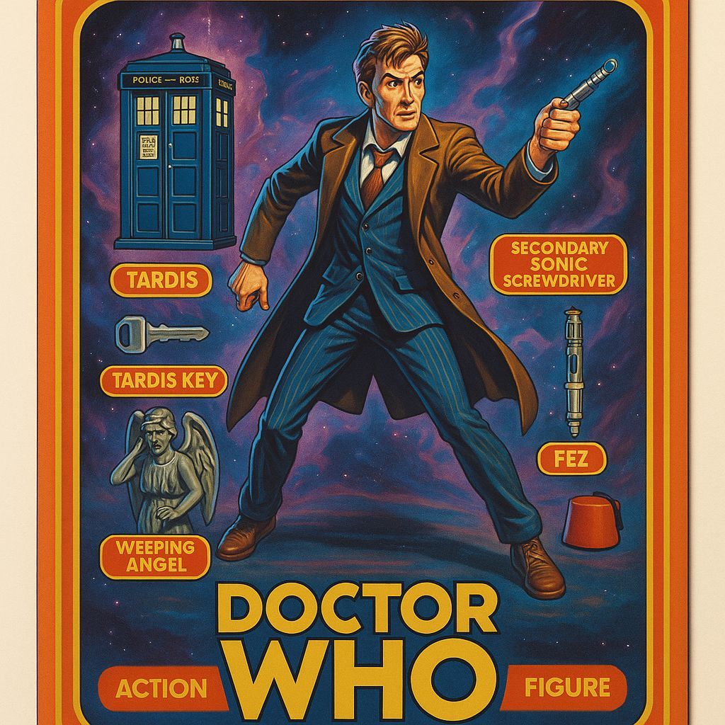 Retro-Futuristic Doctor Who Action Figure in Vibrant Packagi...