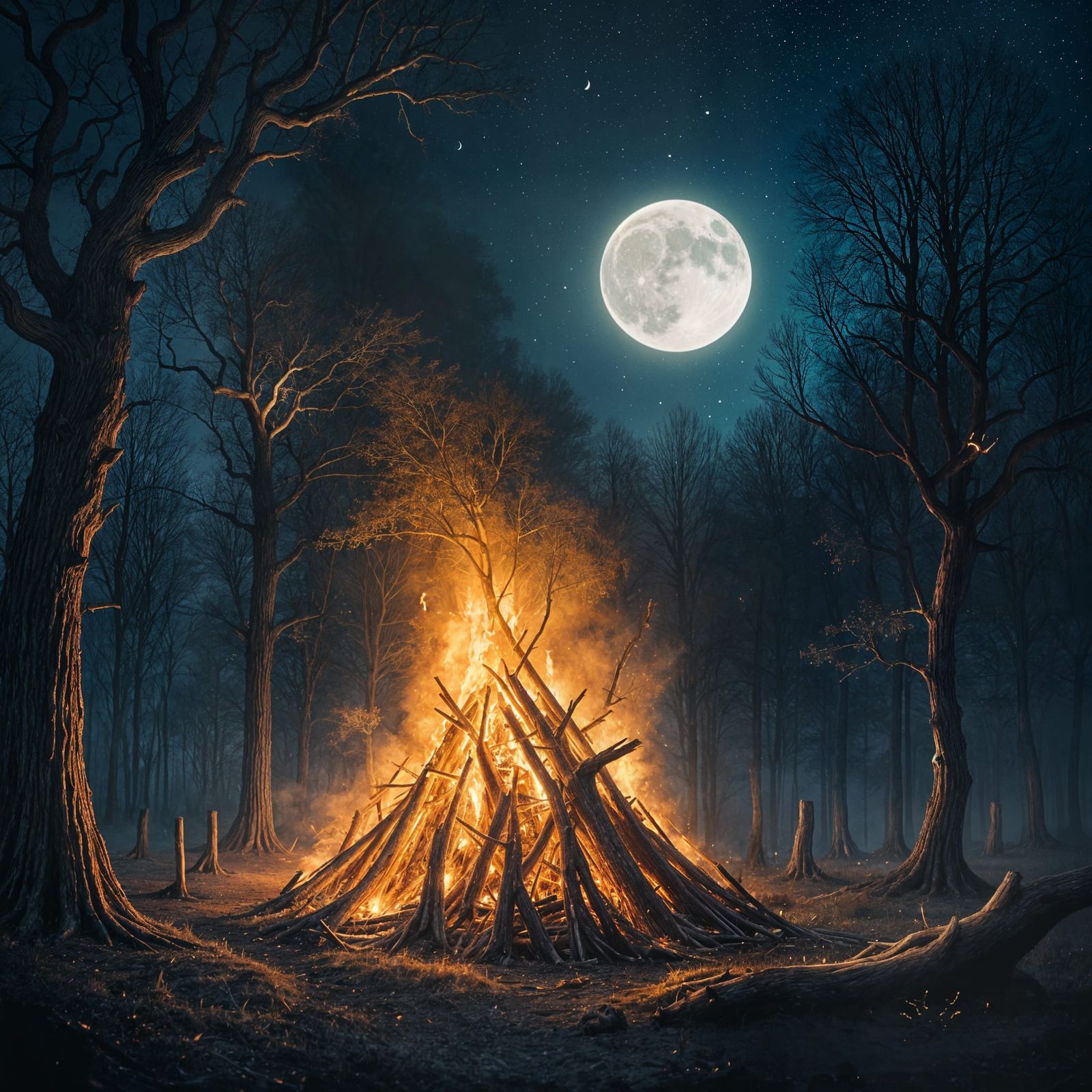 Ancient Pagan Bonfire Under Crescent Moon