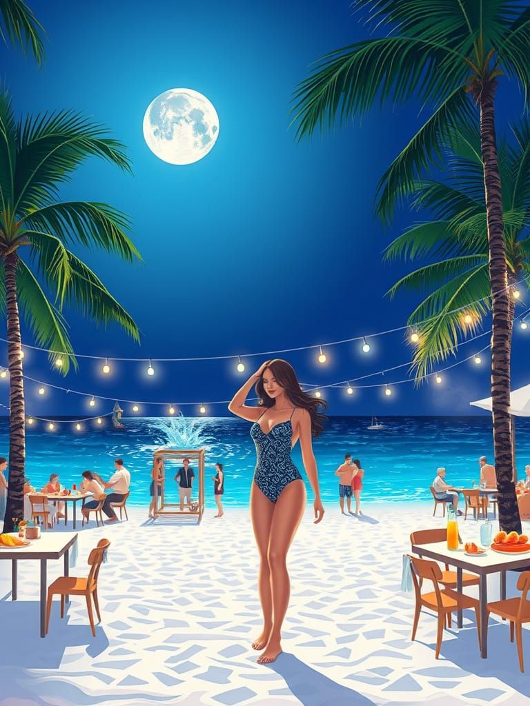 Vibrant Summer Night Beach Party in Sumi-E Style