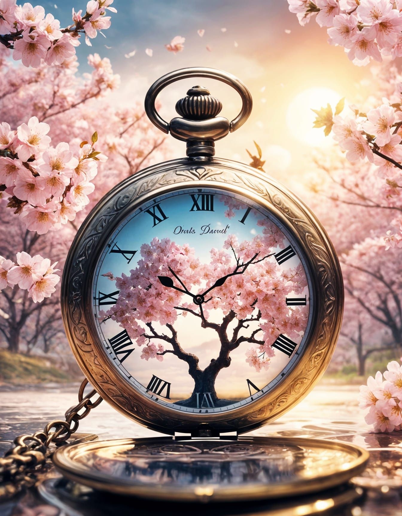Cherry Blossom Heart with Pocket Watch Sunset