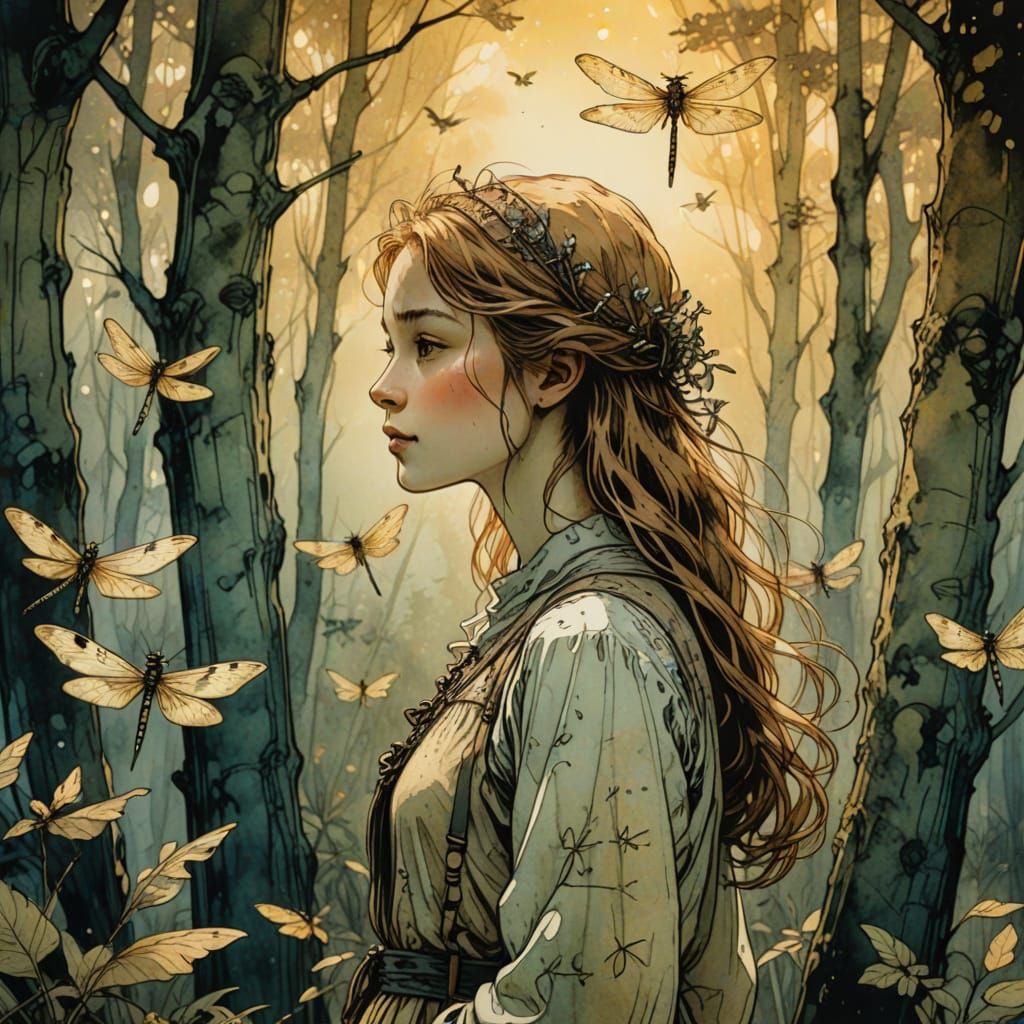 Girl Watches Dragonflies in Arthur Rackham Forest