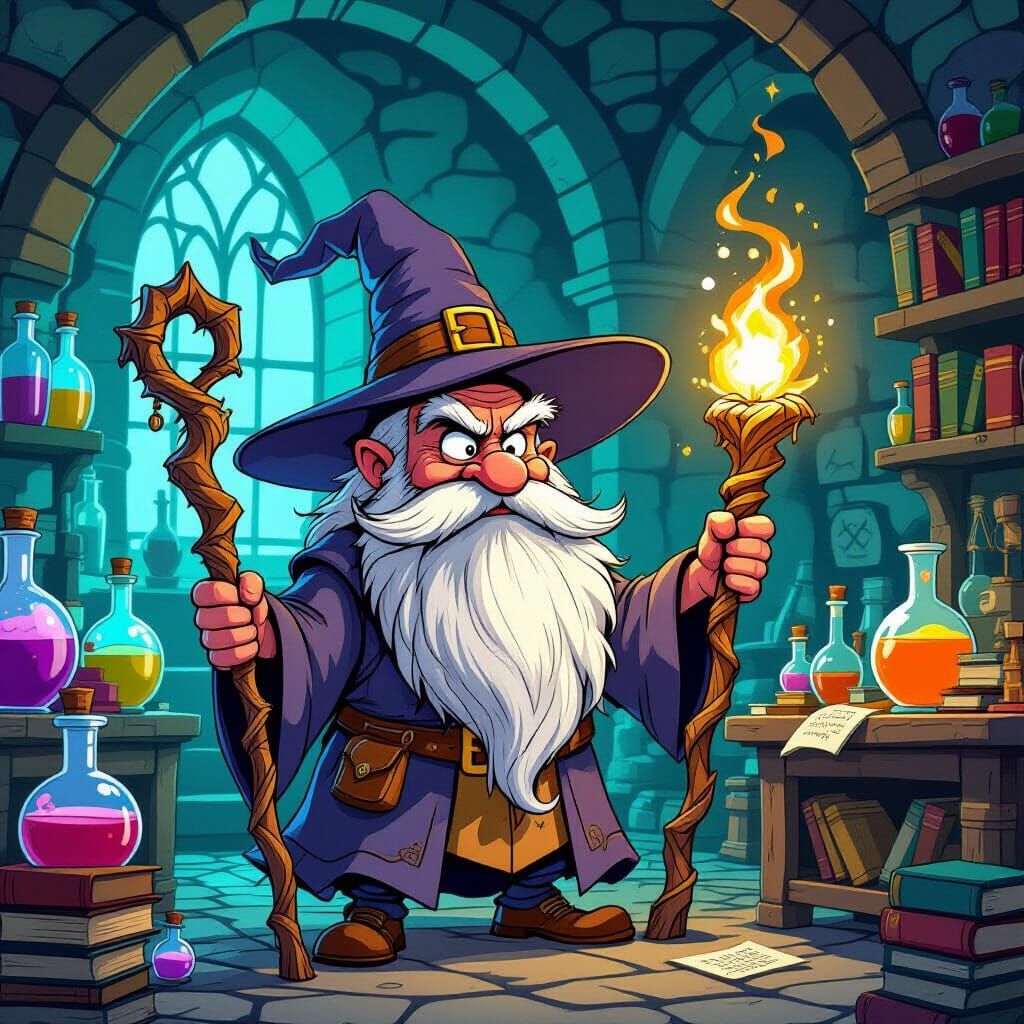 Grumpy Wizard with Long Beard and Glowing Staff in Cartoon S...