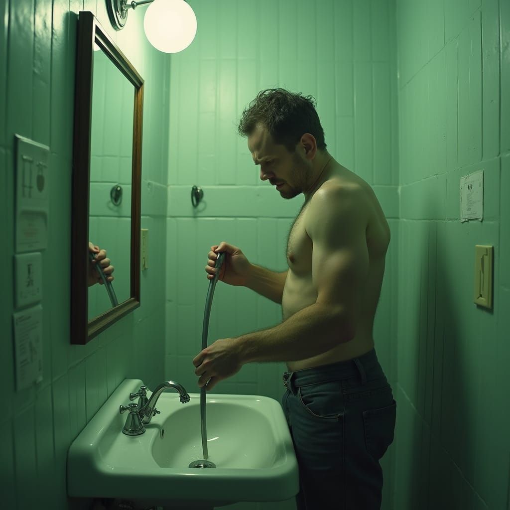 Man Battles Clogged Sink: Eerie Horror Art