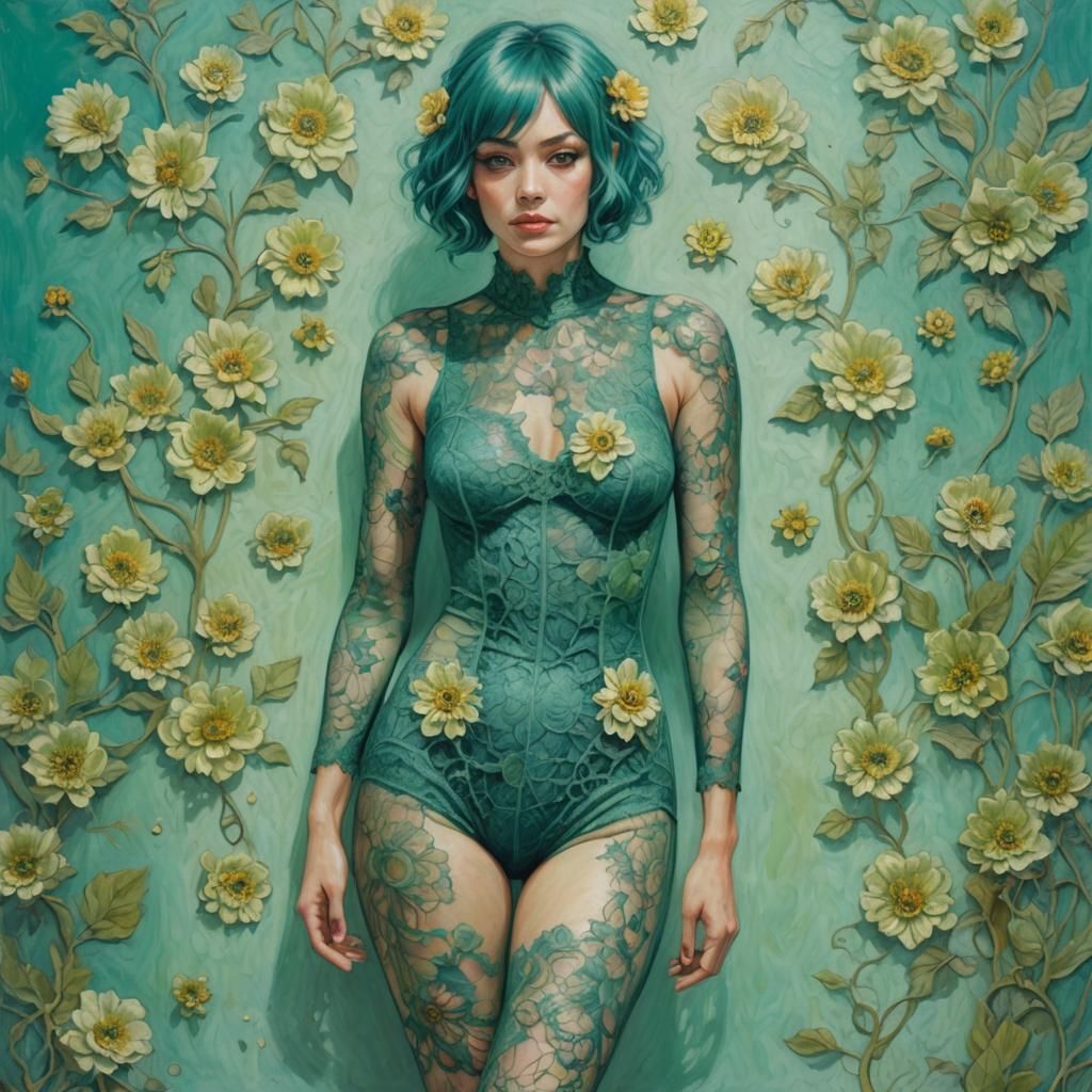 Teal-Haired Woman in Green Lace: Oil Pastel Painting