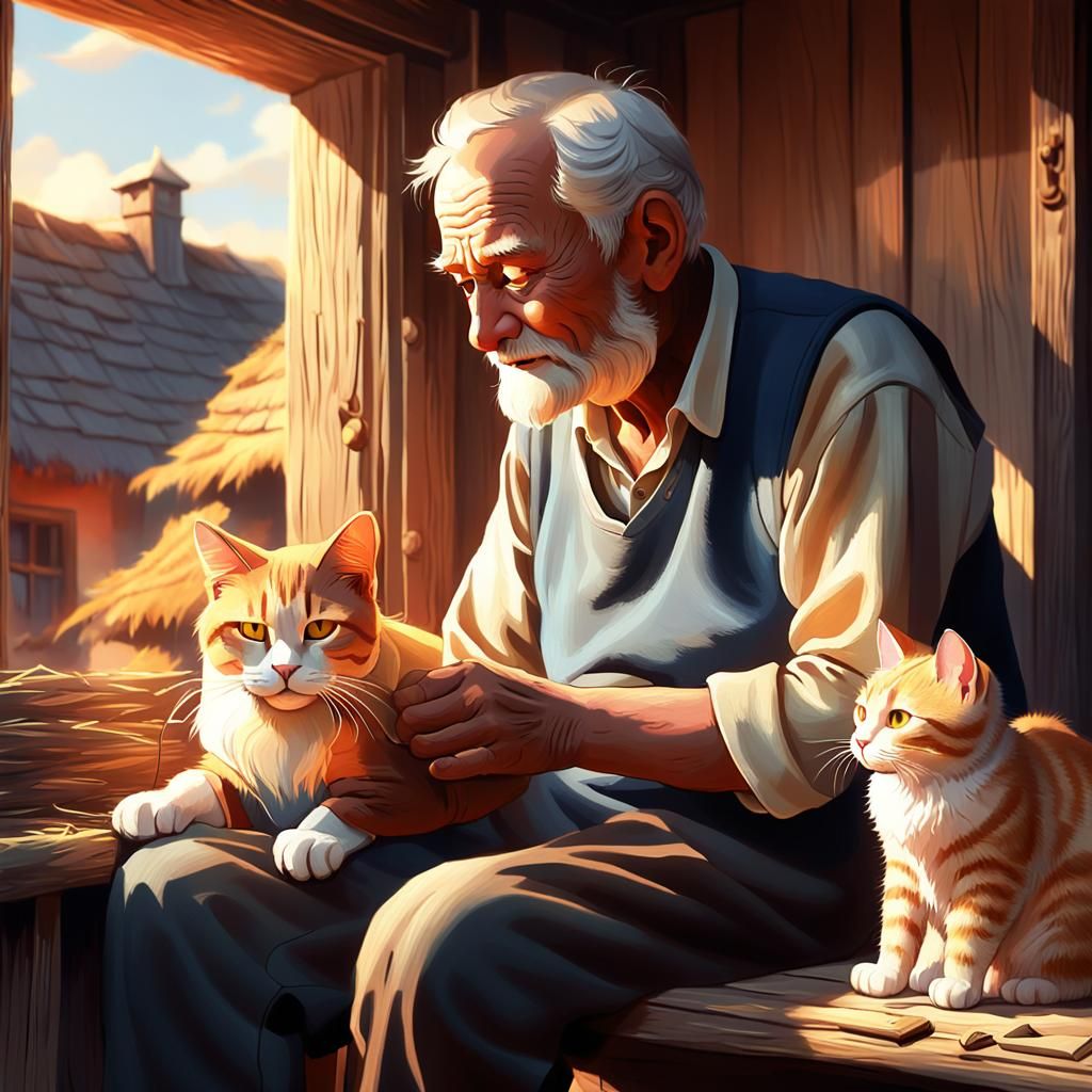 Old Man Stroking Cat in Golden Light