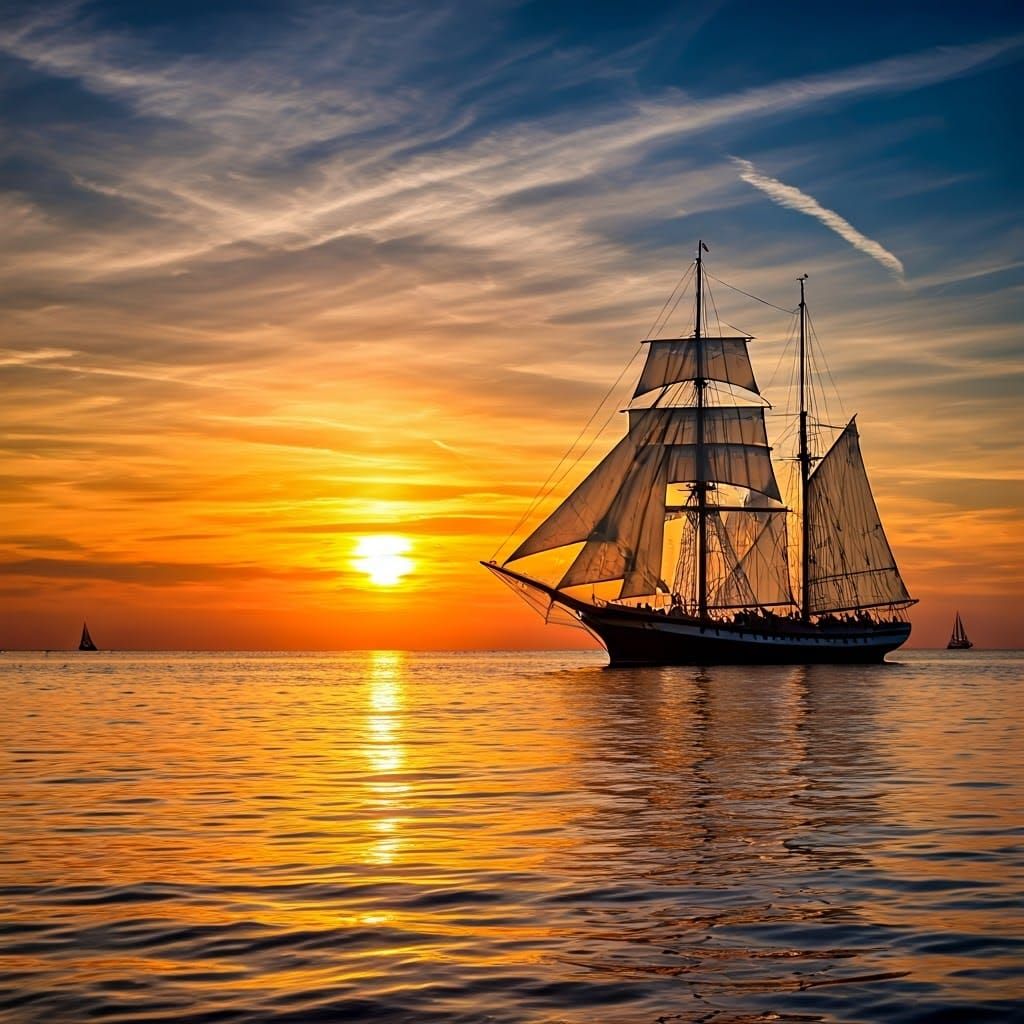 Majestic Windjammer at Sunset in Dreamy, Surreal Style